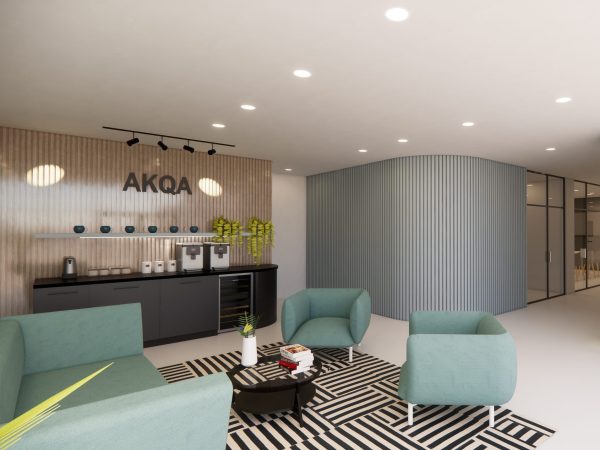 Modern office reception with coffee station and seating area