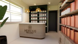 Hercus Healing, Cannabis & Healing Centre – Dispensary green option 1. different lighting - Dandy Lion Interior Experiences
